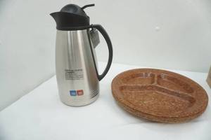 lot 303 image: NEW Stainless Steel Coffee Carafe, KYS-ITE Divided Dinner Plates