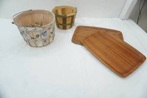 lot 311 image: Vintage Teak Wood Trays, Apple Baskets, Clothespins