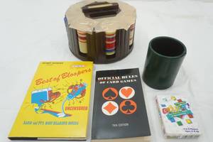 lot 313 image: Vintage Poker Chips and Carousel, Dice Cup, Card Game, Card Book, Best of Bloopers Book