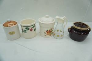 lot 324 image: Vintage Brown Drip Glaze McCoy Canister, Vintage Syrup Container and Other Vintage Ceramic Canisters