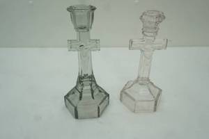 lot 362 image: Vintage ClearSmoke Glass Candlestick holders. Featuring Crucifix design whexagonal base
