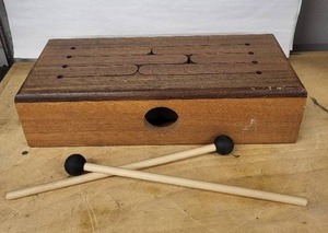 lot 6D image: Vintage Wooden Box Percussion Instrument with Two Mallets