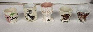lot 6E image: Vintage Egg Cups - Assorted Ceramic Set of 6 with Church Crest & Portuguese Motifs