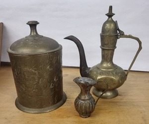 lot 10D image: Brass Oil Lamp Set - World Gifts India - 3-Piece Engraved Floral Decor