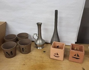 lot 11D image: Maritime Home Decor Set - Sailboat Planters, Lettered Home Cups, Pewter Ewer & Tall Bottle