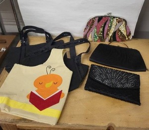 lot 12D image: Handbags & Clutches - Beaded Black Clutch, Sequined Clutch, Satin Clutch, Beige Chick Tote