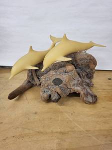 lot 13D image: Pair of Yellow Shark Sculptures on Rock Base Coastal Nautical Decor