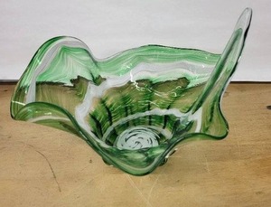 lot 13H image: Green Glass Bowl with White Swirl - Ruffled Edge Art Glass