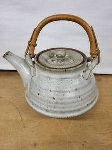 lot 14H image: Ceramic Teapot with Bamboo Handle - Gray Speckled Earthenware, Lidded