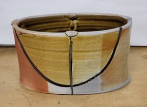 lot 15H image: Mid-Century Modern Ceramic Planter Vase with Abstract Glaze and Rim Medallions