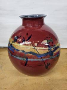 lot 19H image: Vase - Red Glazed Ceramic with Blue Interior & Abstract Stripe Motif, 9in Tall