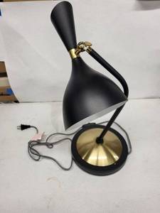 lot 19J image: Mid-Century Modern Black Desk Lamp - Brass Accents, Adjustable Arm