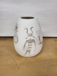 lot 21H image: White Ceramic Vase with Abstract Gray Tribal Figures