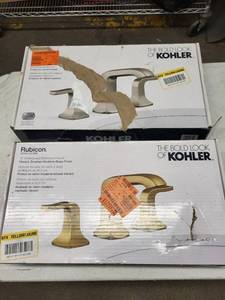 lot 21R image: 2 Rubicon 8-Inch Widespread Bathroom Faucets -  Brass and chrome