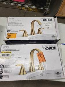 lot 22R image: 2 pk Kohler Cursiva 8-in Widespread Bathroom Faucet - Vibrant Brushed Moderne Brass Finish