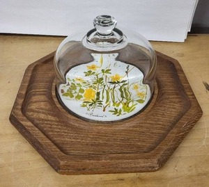 lot 24D image: Goodwood Floral Plate Under Glass Cloche on Octagonal Wood Stand - Made in Japan