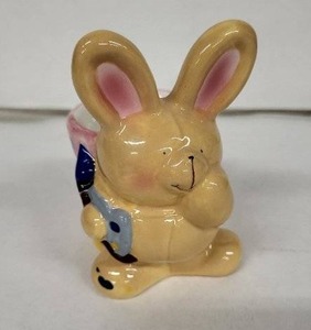 lot 24E image: Vintage Ceramic Bunny Egg Cup - Pink Cup with Blue Dots, Yellow Base