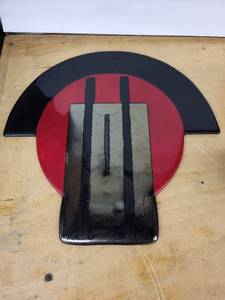 lot 26H image: Abstract Circular glass Wall Sculpture - Red Disc with Black Crescent & Grey Panel