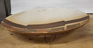lot 27H image: Charles Halling Pottery Wall-Hanging Plate - Speckled Cream with Brown Stripe - 15 in Diameter