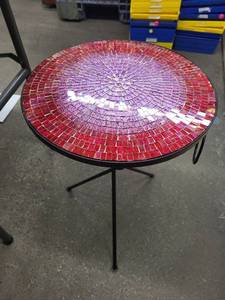lot 28D image: Round Mosaic Tile Table - PurplePink Gradient Top, Black Metal Tripod Base