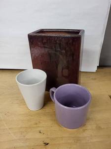lot 29D image: IKEA White Mug, Purple Glazed Mug, Brown Rectangular Planter (Lot of 3)