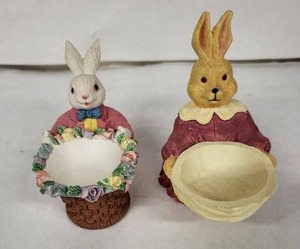 lot 29E image: Vintage Bunny Easter Egg Cups - Ceramic Rabbits with Floral Basket (Lot of 2)