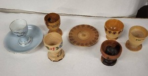lot 30E image: Vintage Egg Cups - Hand-Painted Jerusalem & Florentine Scenes, Wood & Ceramic Set