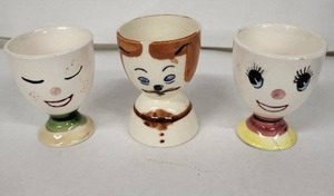 lot 32E image: Vintage Japanese Eggcups Ceramic Egg Cups - Faces (Lot of 3)