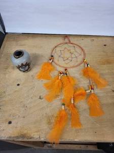 lot 37D image: Vase from Cozumel Mexico with Sun Face Motif & Orange Dreamcatcher