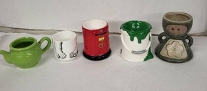 lot 39E image: Egg Cups - Vintage Ceramic 5-Piece Set (Green Teapot, Leg Mug, Red Barrel, Green Drip, Flower Figurine)