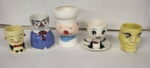 lot 40E image: Vintage Ceramic Egg Cups - Assorted Cartoon Faces (Lot of 5)