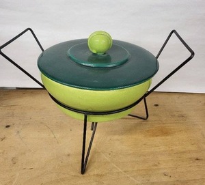 lot 47D image: Mid-Century Green Enamel Fondue Pot on Wire Stand with Teal Lid