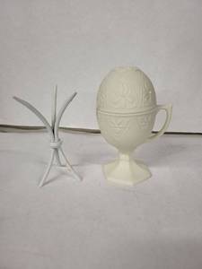 lot 53E image: Vintage Floral Embossed Egg Cup with Lid - Ivory Ceramic, 6 in Tall