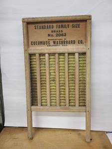 lot 54D image: Columbus Washboard Co. No. 2062 Brass Washboard - Standard Family Size, Wood Frame