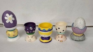 lot 57E image: Vintage Egg Cups - Hand-Painted Ceramic 6-Piece Set