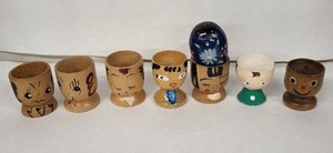 lot 58E image: Vintage Hand-Painted Wooden Egg Cups with Character Faces