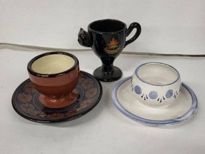 lot 70E image: Topferei Vintage Egg Cups - Two with Attached Saucers (Lot of 3)
