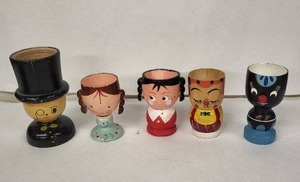 lot 72E image: Vintage Egg Cups (Lot of 6) - Hand-Painted Wooden Cartoon Faces - Made in USA