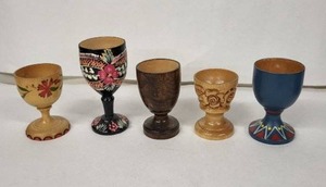 lot 74E image: Wooden Egg Cups - Vintage Hand-Painted Set (Lot of 5)
