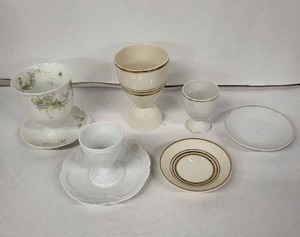 lot 84E image: Vintage Egg Cups with Saucers Set - Floral Teacup, Gold-Trim Tall Cup & Plain White Cups