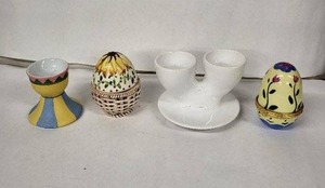 lot 88E image: Vintage Egg Cups - 4-Piece Ceramic Set Striped Pedestal, Woven Basket, Double-Holder, Floral Egg