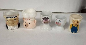 lot 93E image: Vintage Ceramic Egg Cups - Hand Painted Pig & Cartoon Designs (Lot of 5)