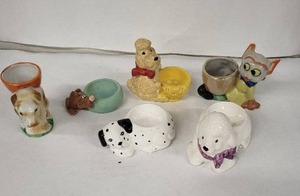 lot 97E image: Vintage Ceramic Animal Egg Cups - Dalmatian, Poodle & Cat Figures