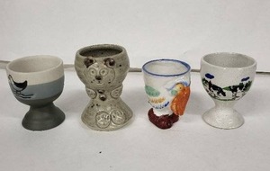 lot 100E image: Vintage Egg Cups (Lot of 4) - Bird, Bear, Parrot & Cow Motifs