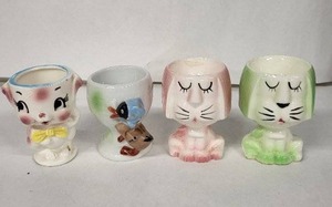 lot 106E image: Egg Cups - Vintage Japan Ceramic Animal Figurine Set (Bunny, Dog, Cats) - 4pc