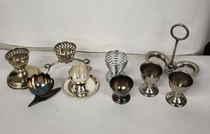 lot 110E image: Vintage Silver Egg Cups Set with Stands - Assorted Lattice, Leaf & Ribbed Designs