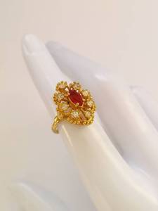 lot 4W image: Gold Tone Sterling Silver Red Marquise & Clear Stone Cocktail Ring Size 7