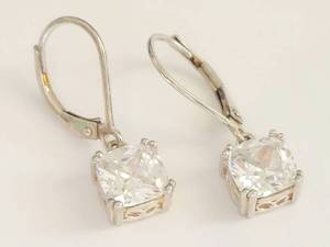 lot 11W image: Sterling Silver 925 Cushion Cut Clear Stone Leverback Drop Earrings