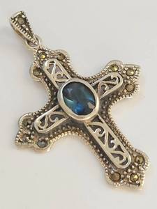 lot 12W image: Sterling Silver 925 Blue Stone Marcasite Ornate Cross Pendant Marked KD