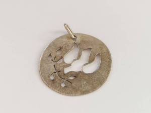 lot 16W image: Sterling Silver Tone Dove Olive Branch Cutout Round Pendant Charm Small Jewelry
